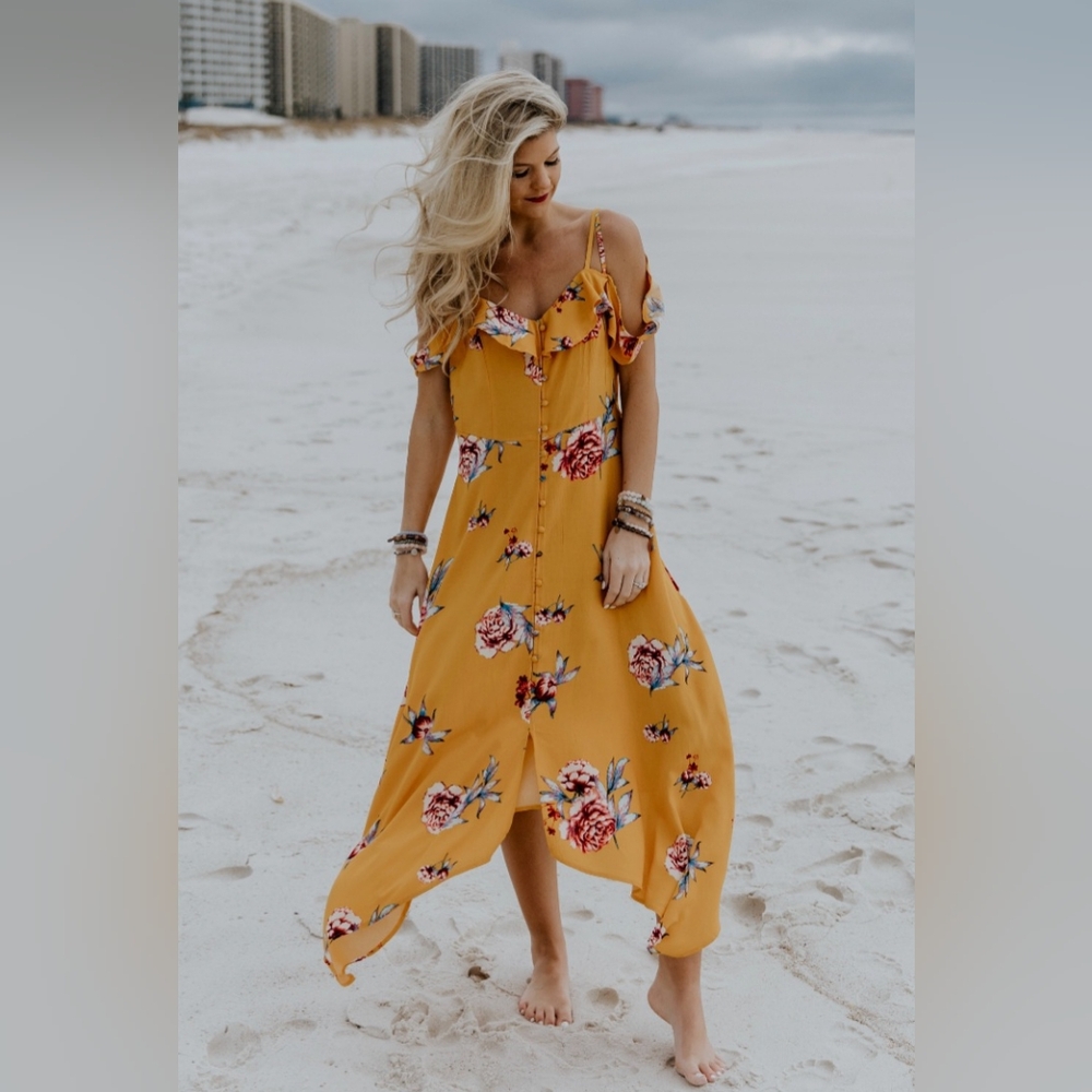 Xhilaration Mustard Floral Midi‎ Dress Sz M